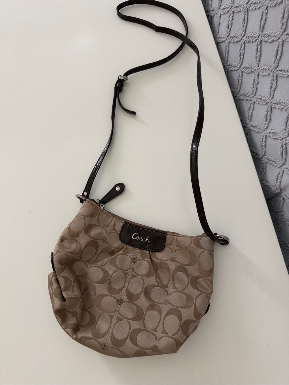 Coach Khaki Signature Canvas Crossbody with Dark Brown Trim